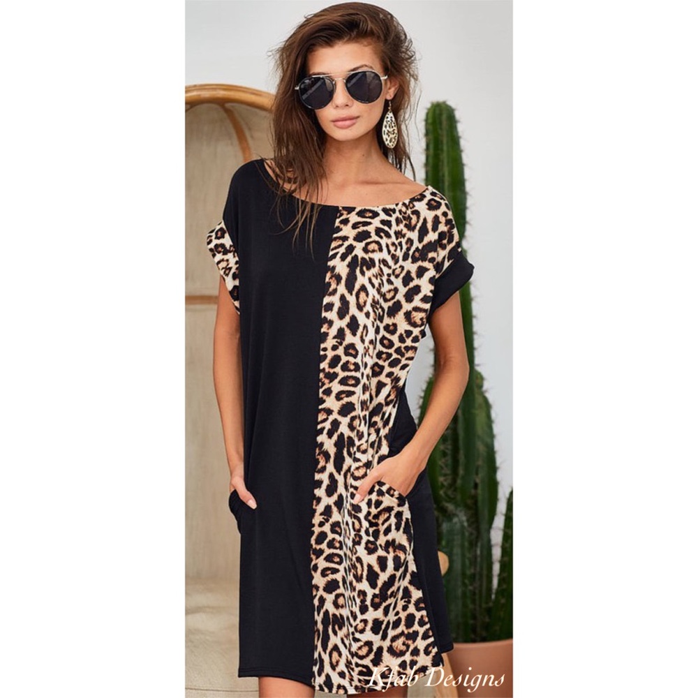 LAST 1! Super Soft French Terry Leopard/Black Color Block Pocket Dress! - Picture 4 of 10
